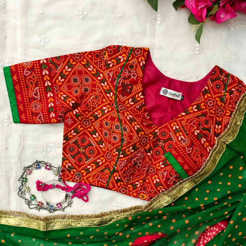 Red Bandhani Chundadi Print Readymade Blouse | Godhuli