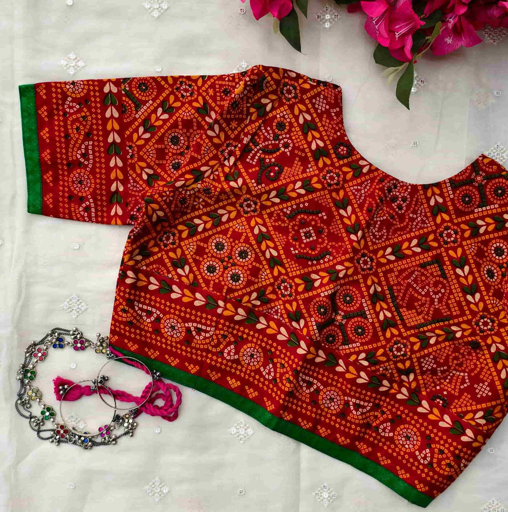 Red Bandhani Chundadi Print Readymade Blouse | Godhuli