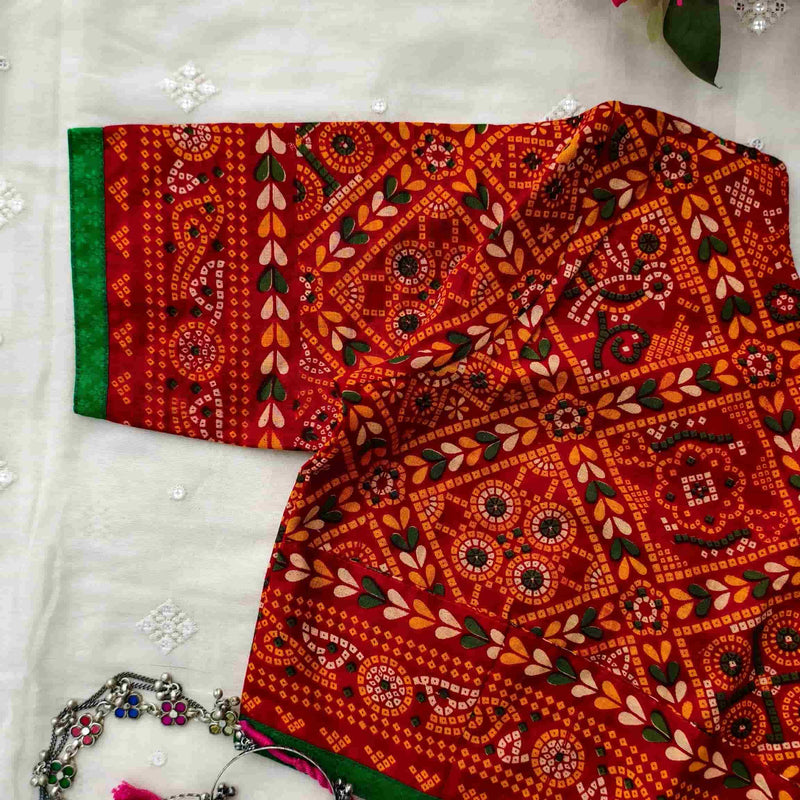 Red Bandhani Chundadi Print Readymade Blouse | Godhuli