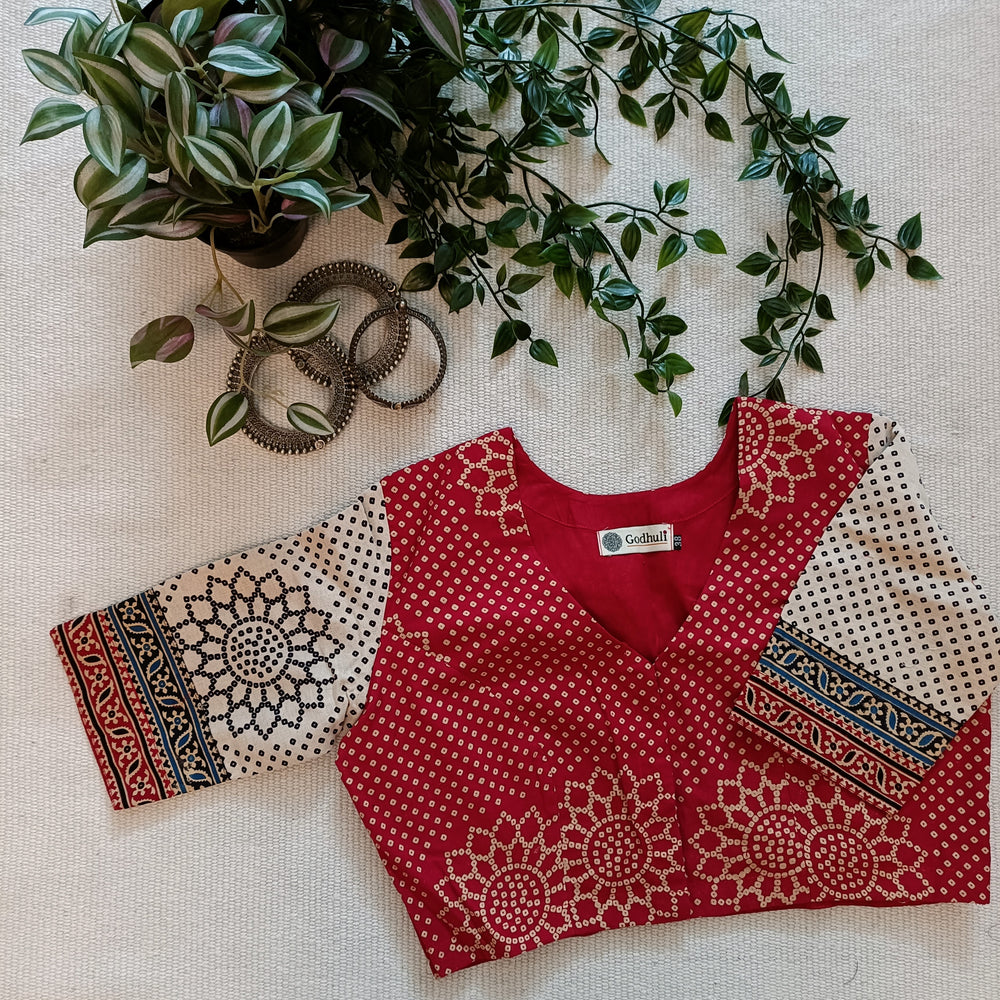 Red Beige Bandhani Print Gamathi Readymade Blouse | Godhuli