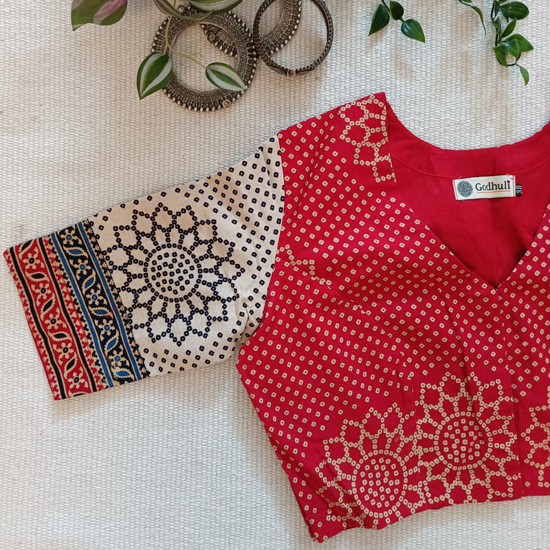 Red Beige Bandhani Print Gamathi Readymade Blouse | Godhuli
