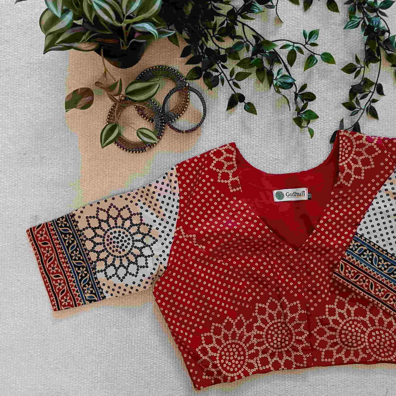 Red Beige Bandhani Print Gamathi Readymade Blouse | Godhuli