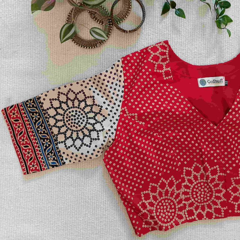Red Beige Bandhani Print Gamathi Readymade Blouse | Godhuli