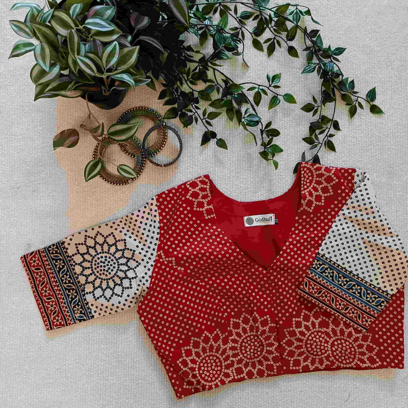 Red Beige Bandhani Print Gamathi Readymade Blouse | Godhuli