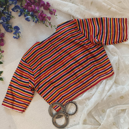 Red Blue Yellow Stripes Multicoloured Gaji Silk Blouse