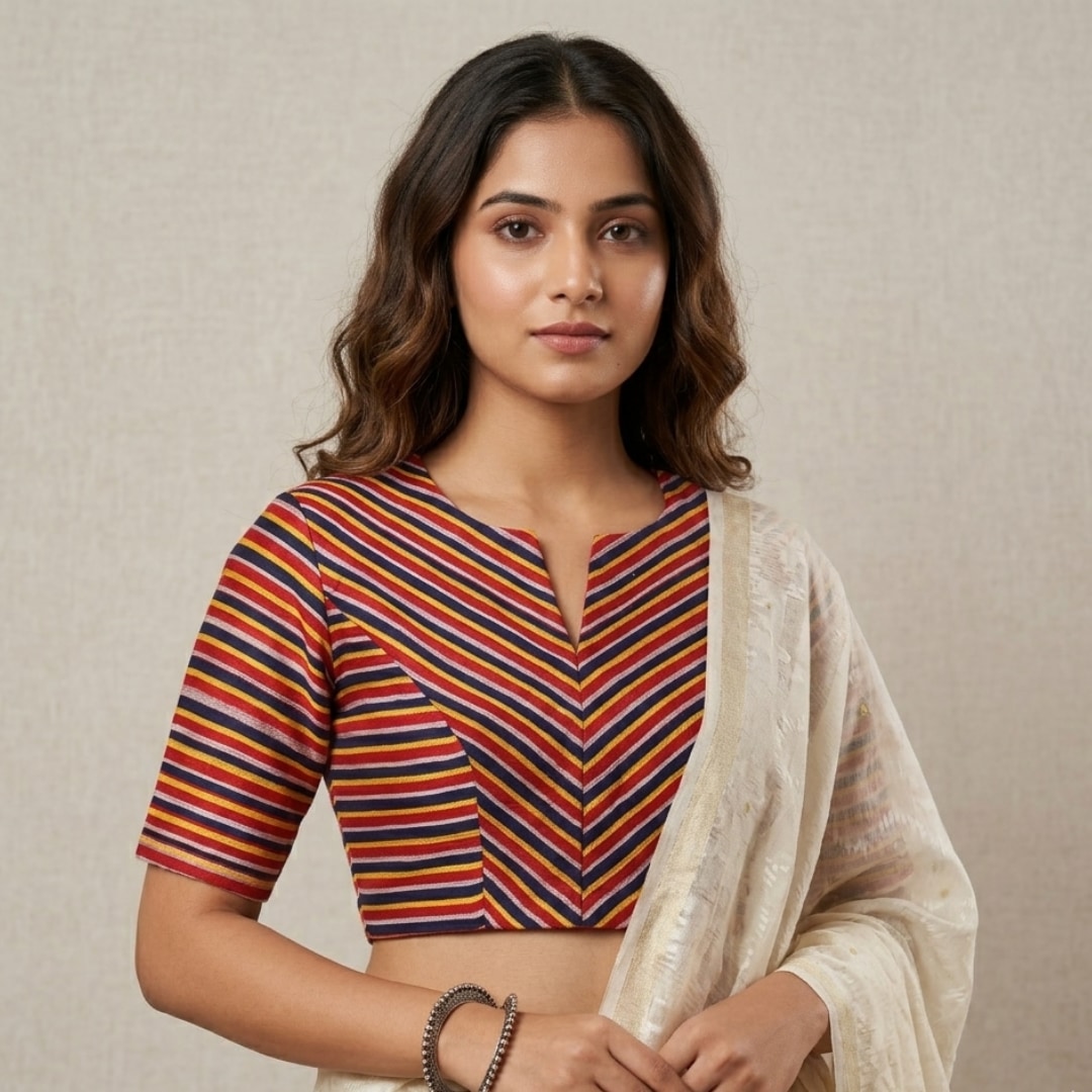 Red Blue Yellow Stripes Multicoloured Gaji Silk Readymade Blouse