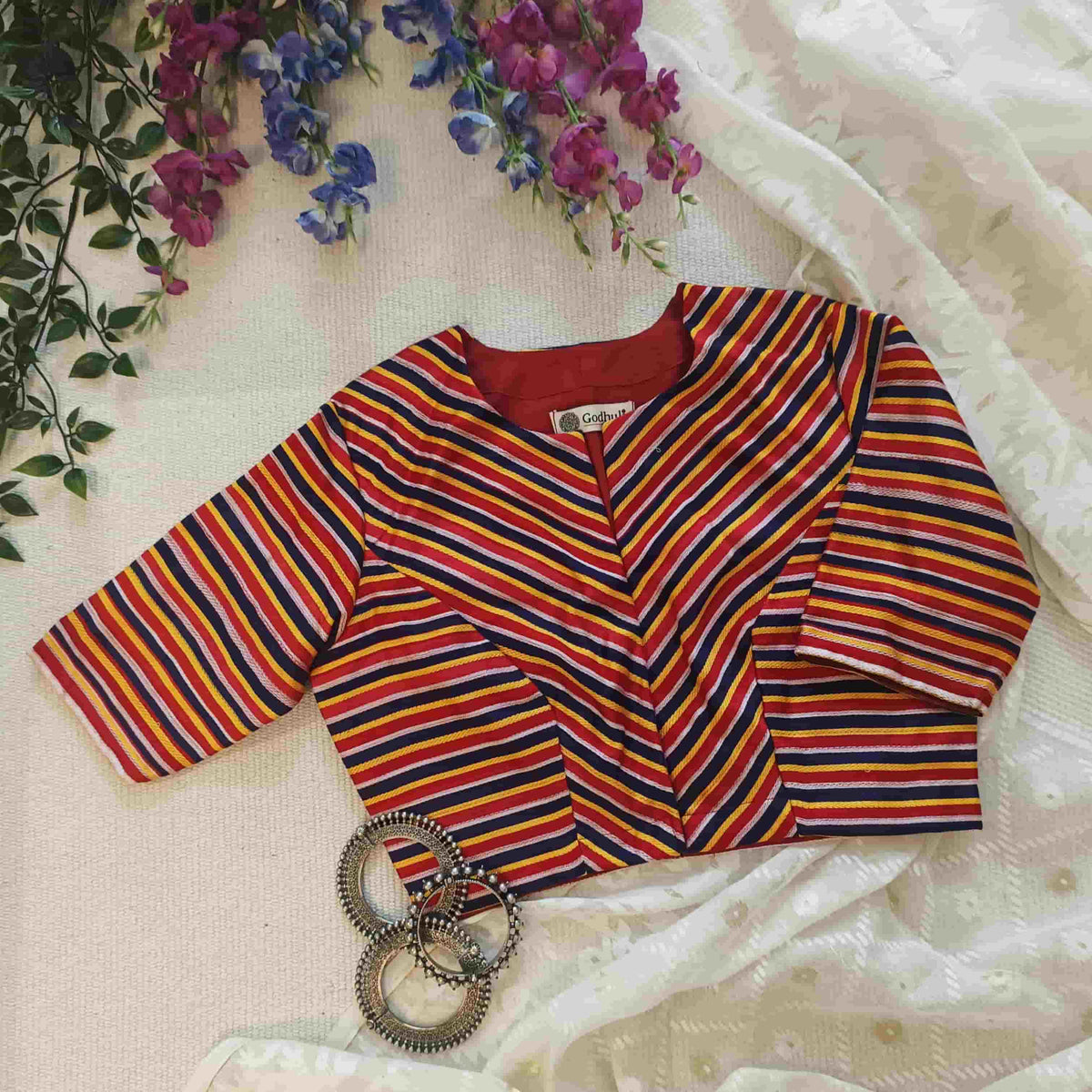 Red Blue Yellow Stripes Multicoloured Gaji Silk Readymade Blouse