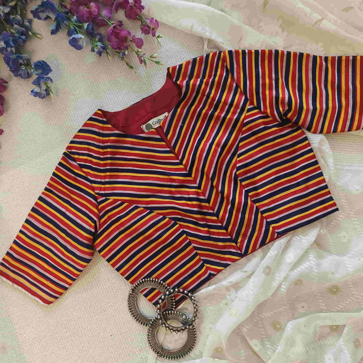 Red Blue Yellow Stripes Multicoloured Gaji Silk Readymade Blouse