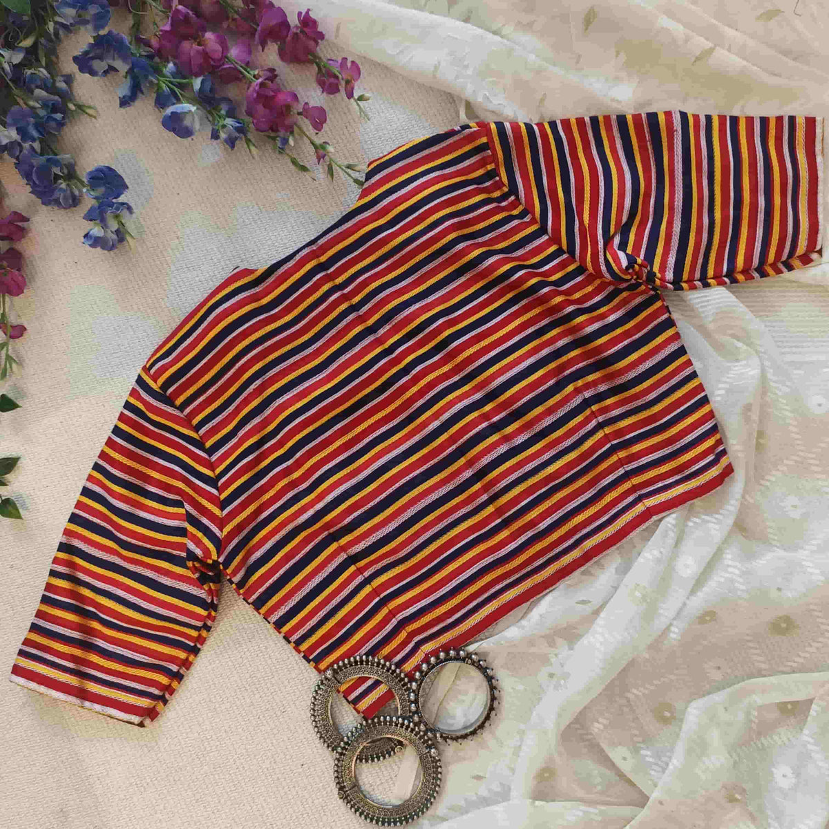 Red Blue Yellow Stripes Multicoloured Gaji Silk Readymade Blouse