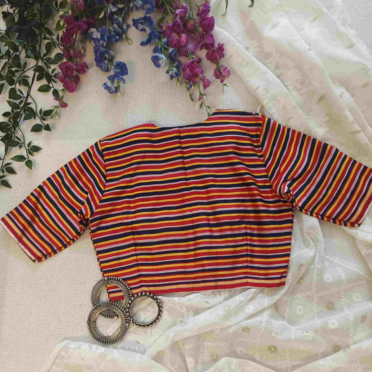 Red Blue Yellow Stripes Multicoloured Gaji Silk Readymade Blouse