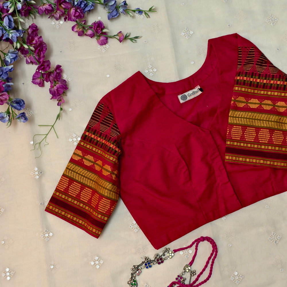 Red Colour Readymade Blouse with Jacquard Sleeves| Godhuli