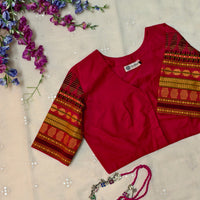 Red Colour Readymade Blouse with Jacquard Sleeves| Godhuli