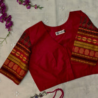 Red Colour Readymade Blouse with Jacquard Sleeves| Godhuli