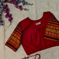 Red Colour Readymade Blouse with Jacquard Sleeves| Godhuli