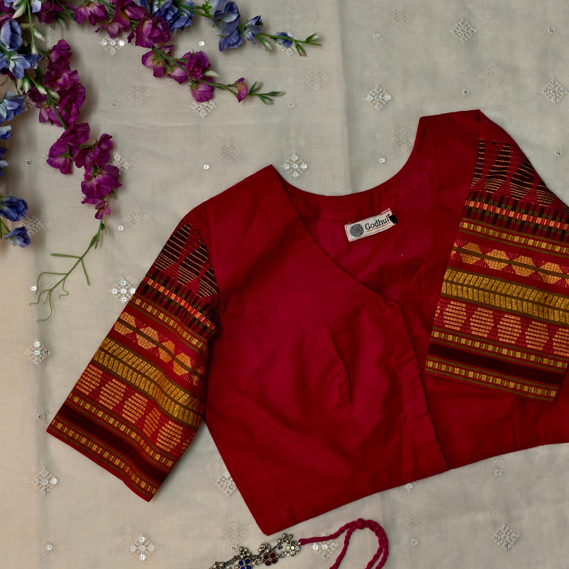 Red Colour Readymade Blouse with Jacquard Sleeves| Godhuli