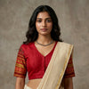 Red Colour Readymade Blouse with Jacquard Sleeves | Godhuli