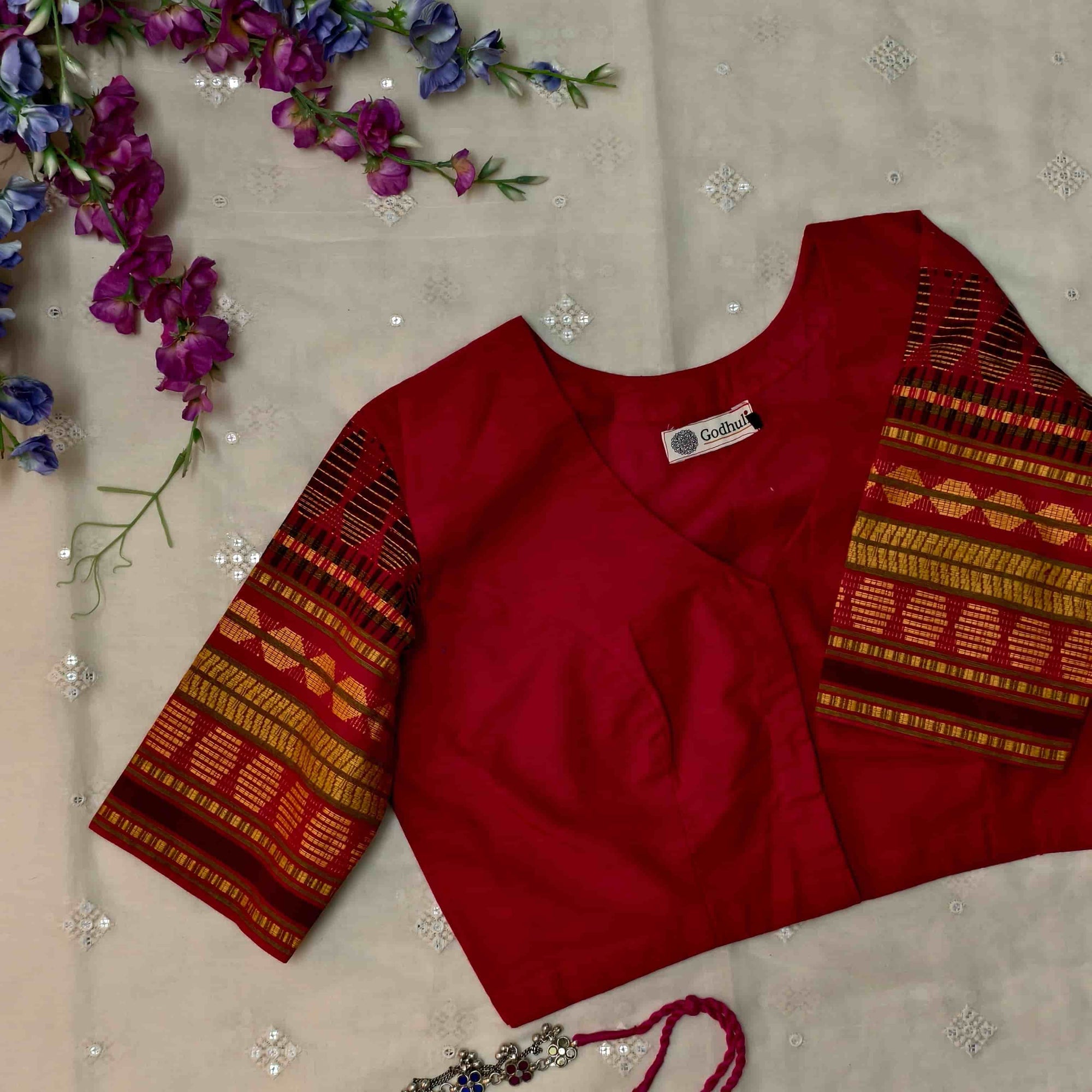 Red Colour Readymade Blouse with Jacquard Sleeves