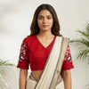 Red Cotton Readymade Blouse with Embroidered Sleeves | Godhuli