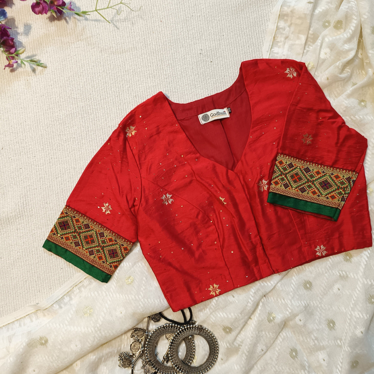 Red Cotton Silk Zari Brocade Border Blouse