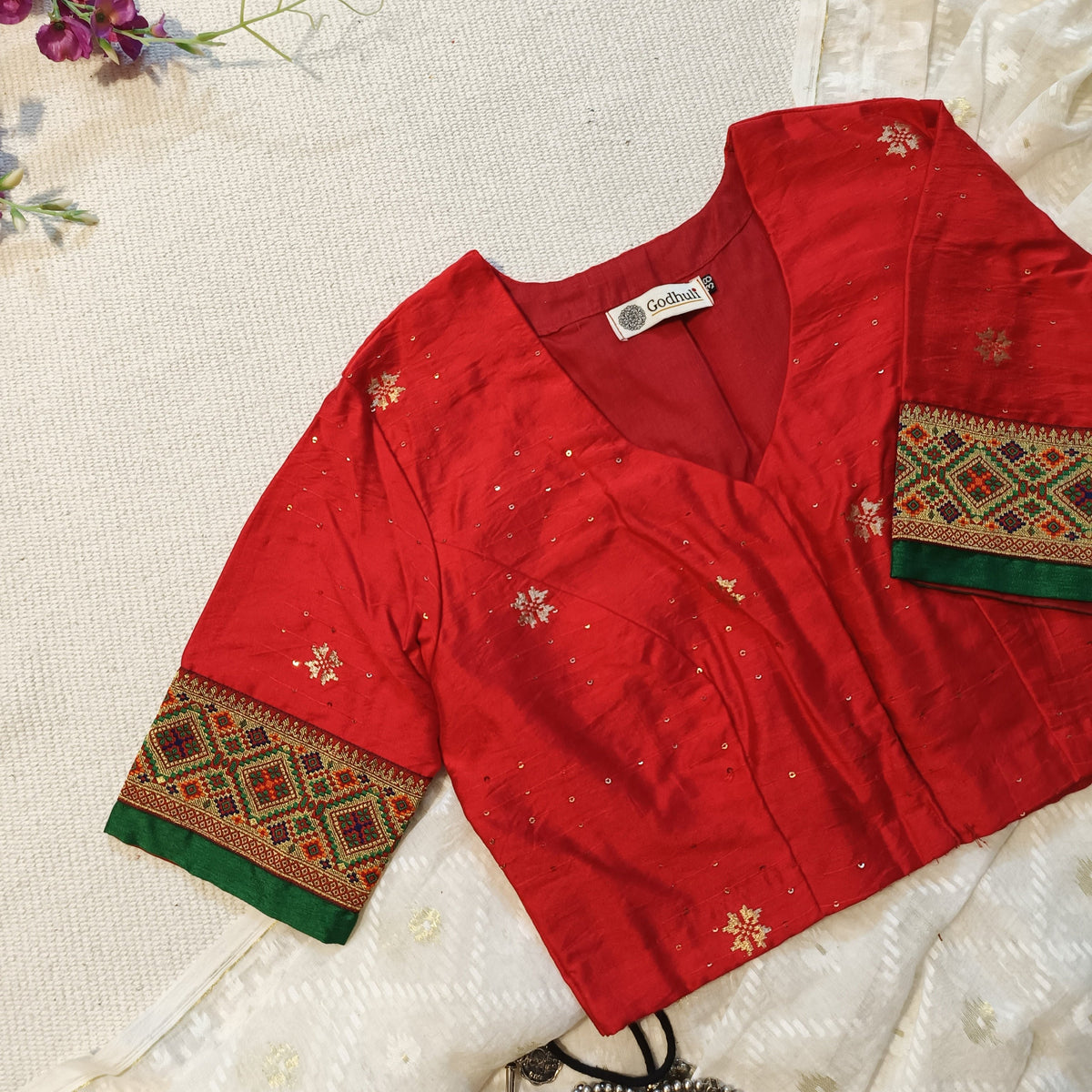 Red Cotton Silk Zari Brocade Border Blouse