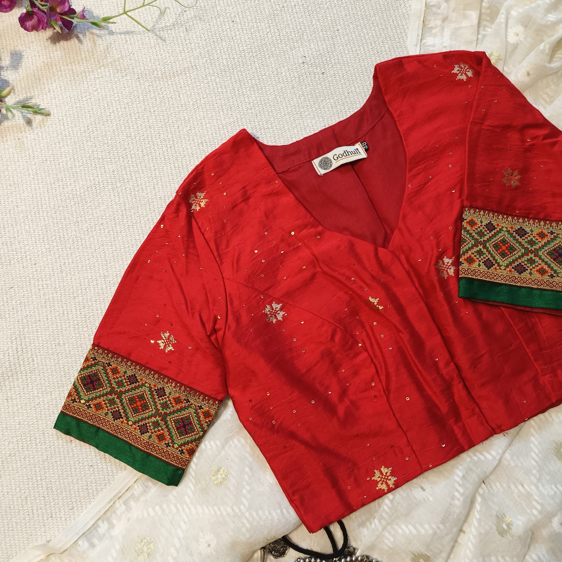 Red Cotton Silk Zari Brocade Border Blouse