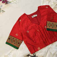 Red Cotton Silk Zari Brocade Border Readymade Blouse | Godhuli