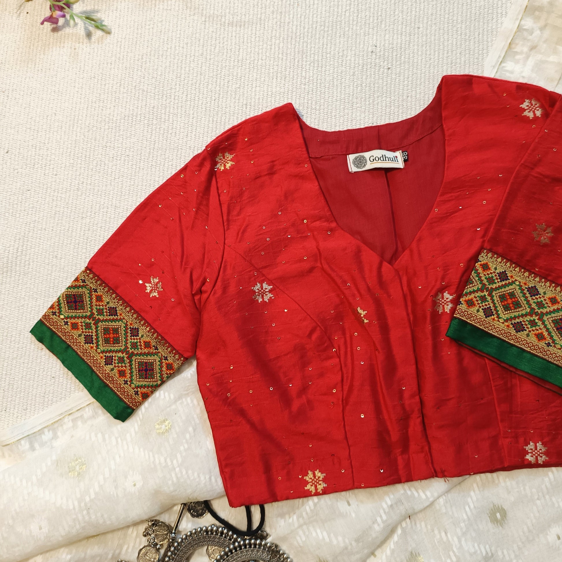 Red Cotton Silk Zari Brocade Border Blouse