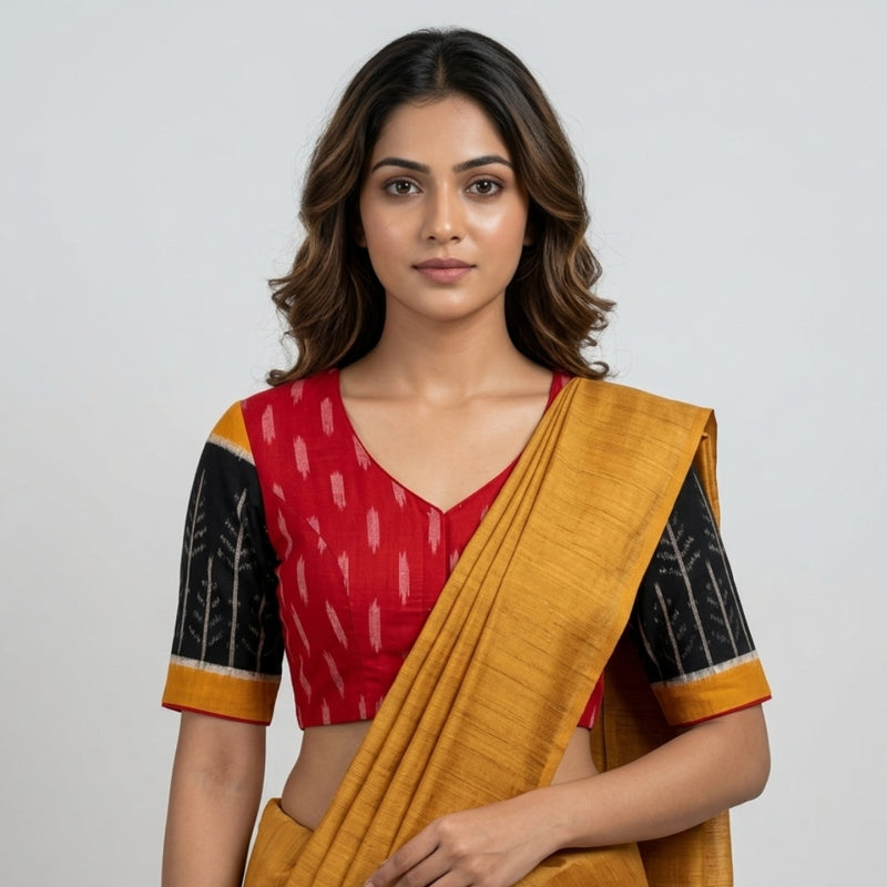 Red Double Ikat Readymade Blouse Black Sleeves | Godhuli