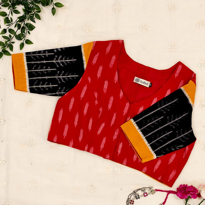 Red Double Ikat Readymade Blouse Black Sleeves | Godhuli