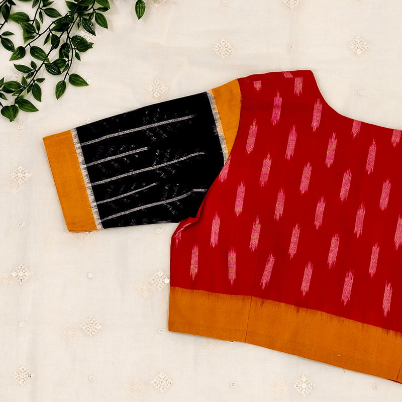 Red Double Ikat Readymade Blouse Black Sleeves | Godhuli