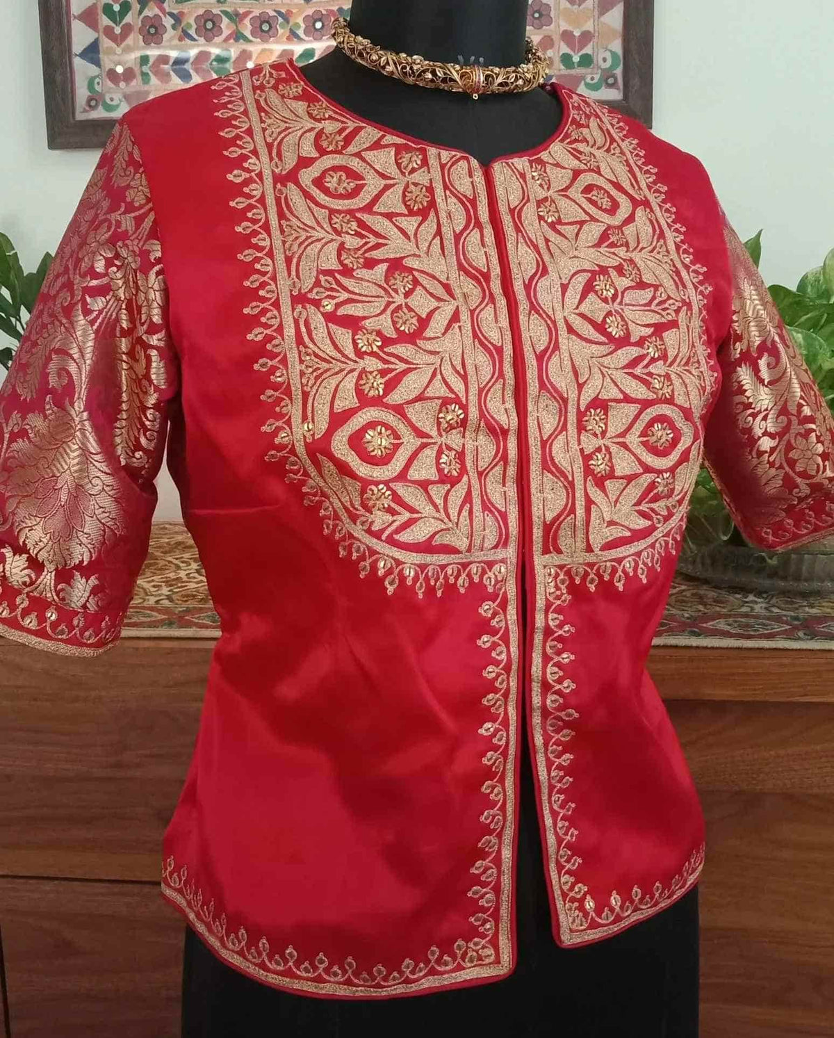 Red Gaji Silk Aari Work Readymade Blouse
