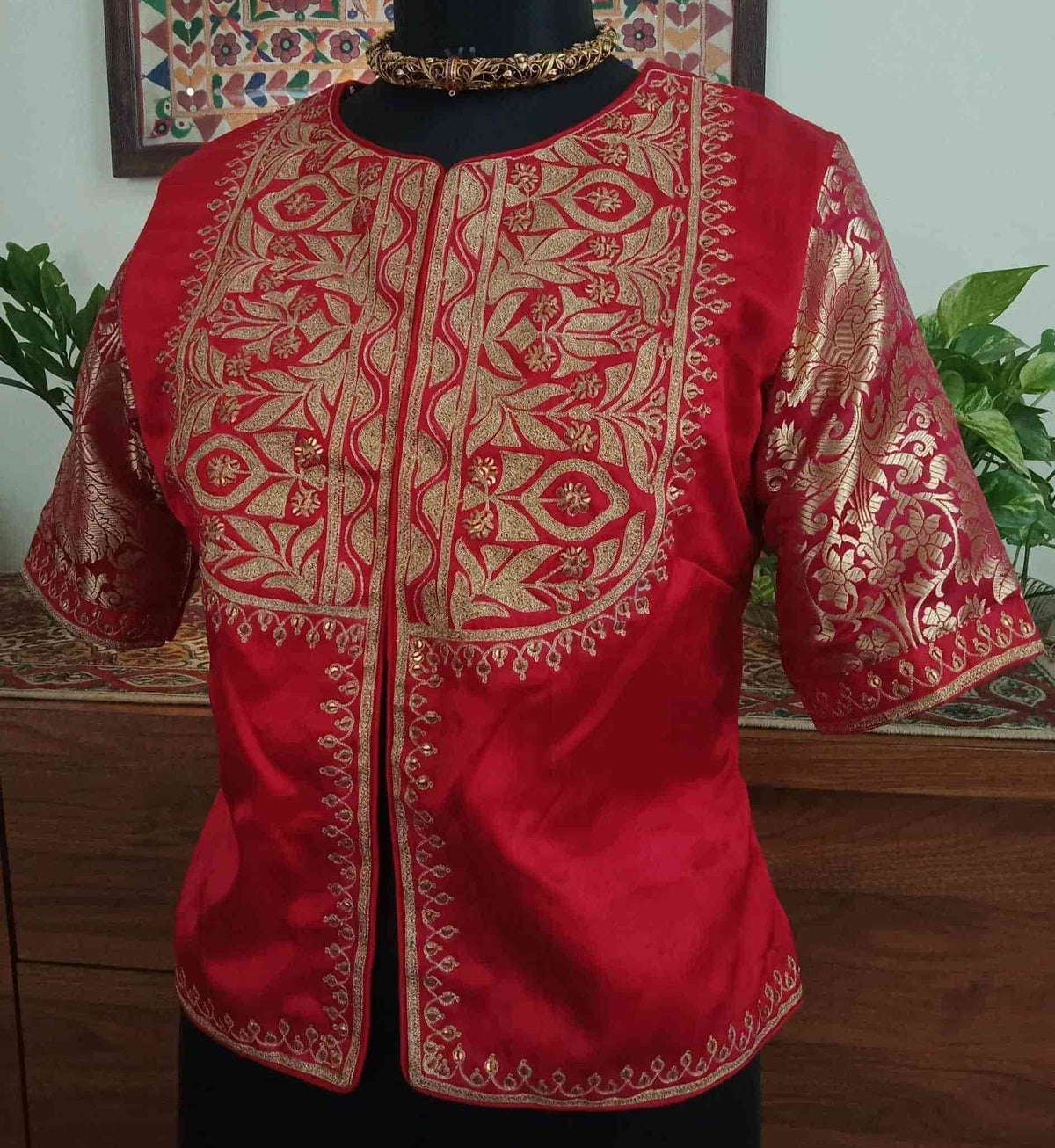 Red Gaji Silk Aari Work Readymade Blouse