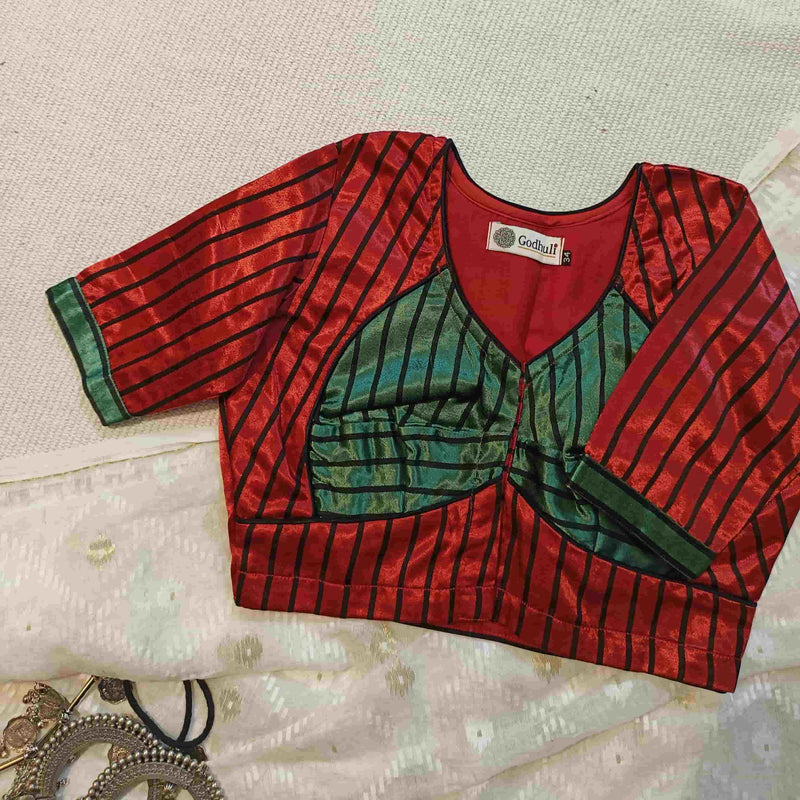 Red Green Gaji Silk Choli Pattern Readymade Blouse | Godhuli
