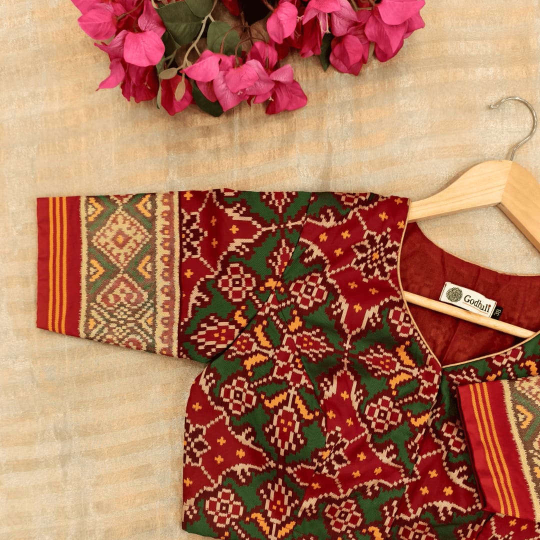 Red Green Yellow Navratan Design Patola Readymade Blouse