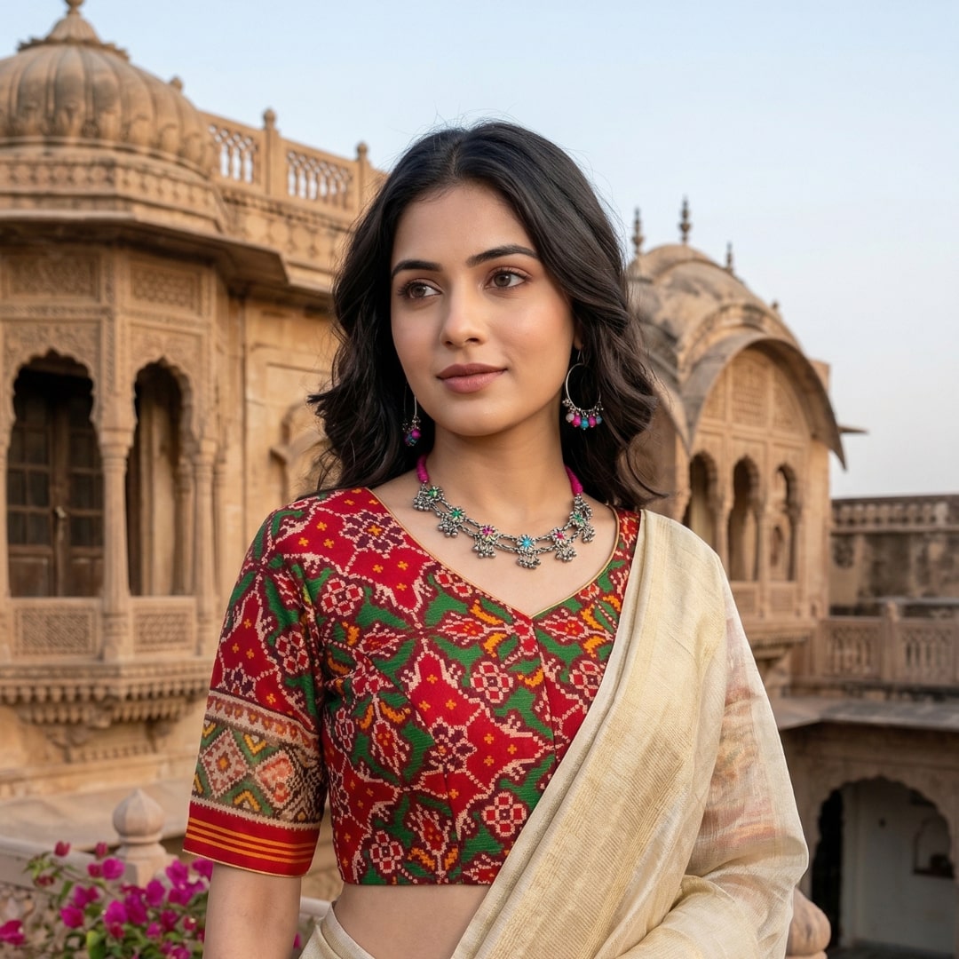 Red Green Yellow Navratan Design Patola Readymade Blouse