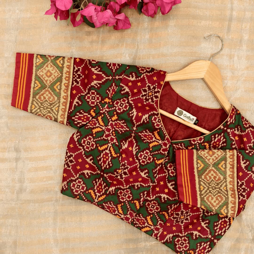 Red Green Yellow Navratan Design Patola Readymade Blouse