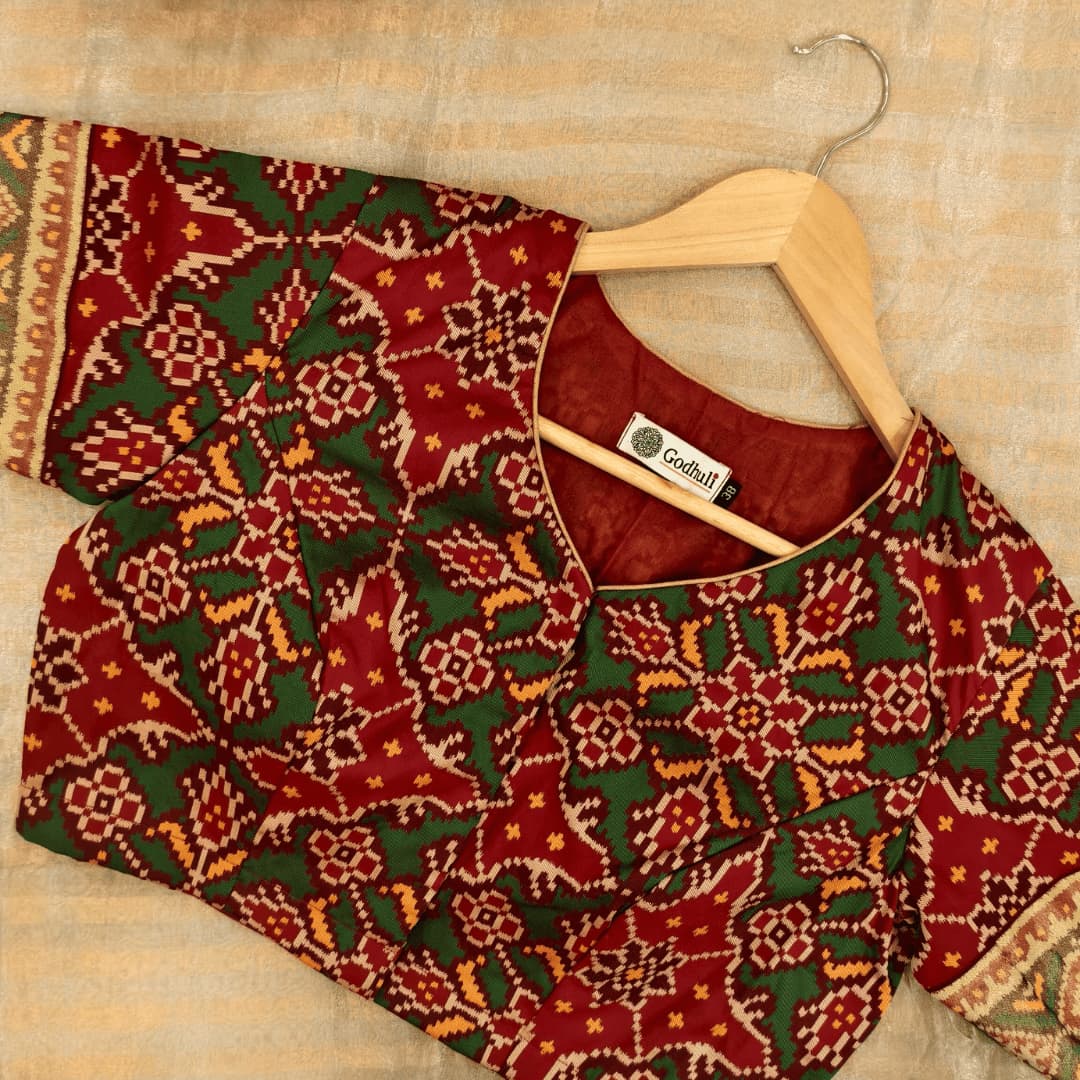 Red Green Yellow Navratan Design Patola Readymade Blouse