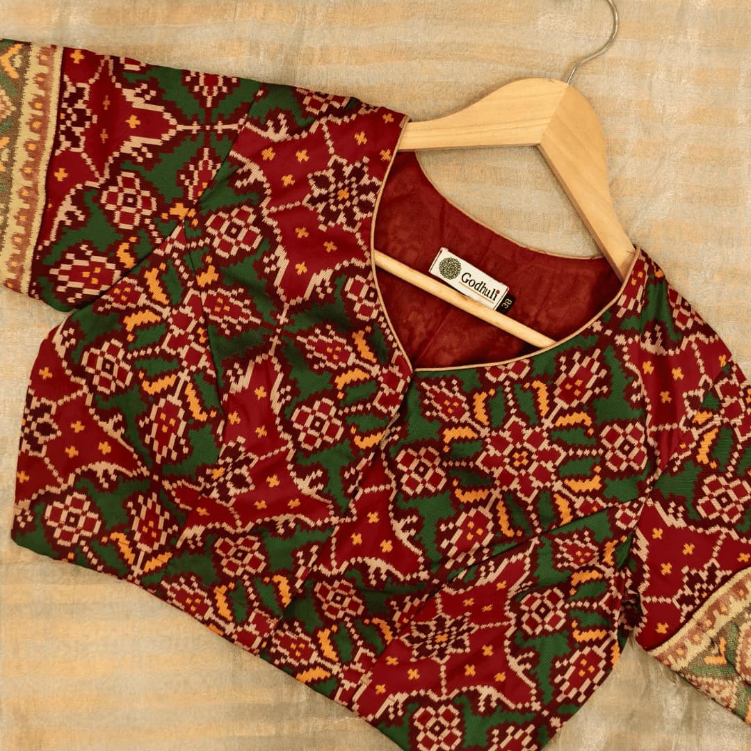 Red Green Yellow Navratan Design Patola Readymade Blouse