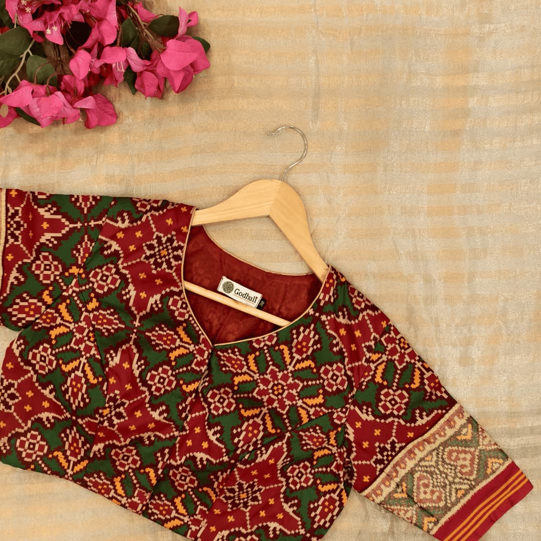 Red Green Yellow Navratan Design Patola Readymade Blouse