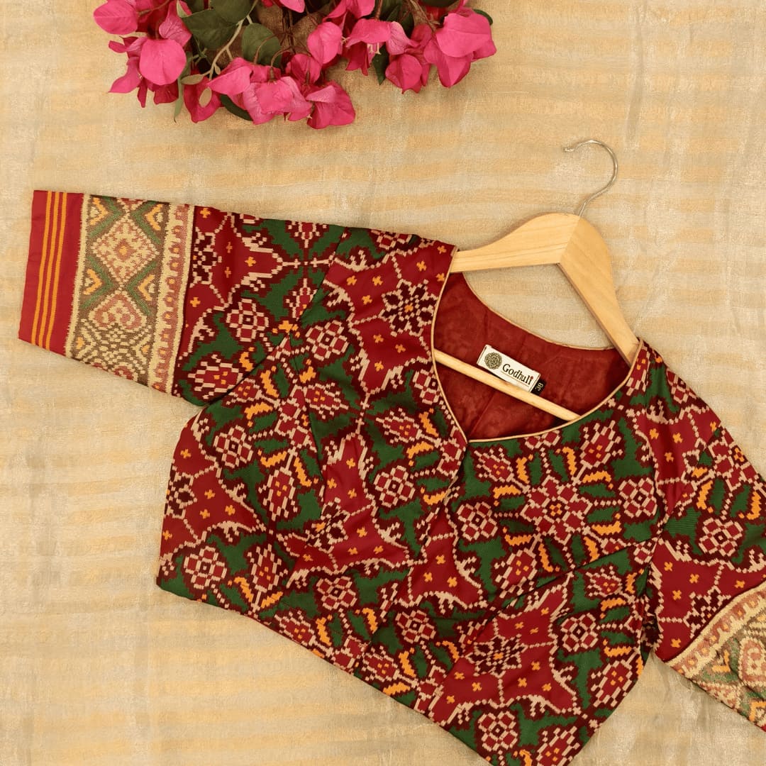 Red Green Yellow Navratan Design Patola Readymade Blouse