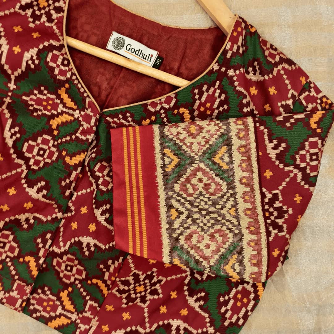 Red Green Yellow Navratan Design Patola Readymade Blouse