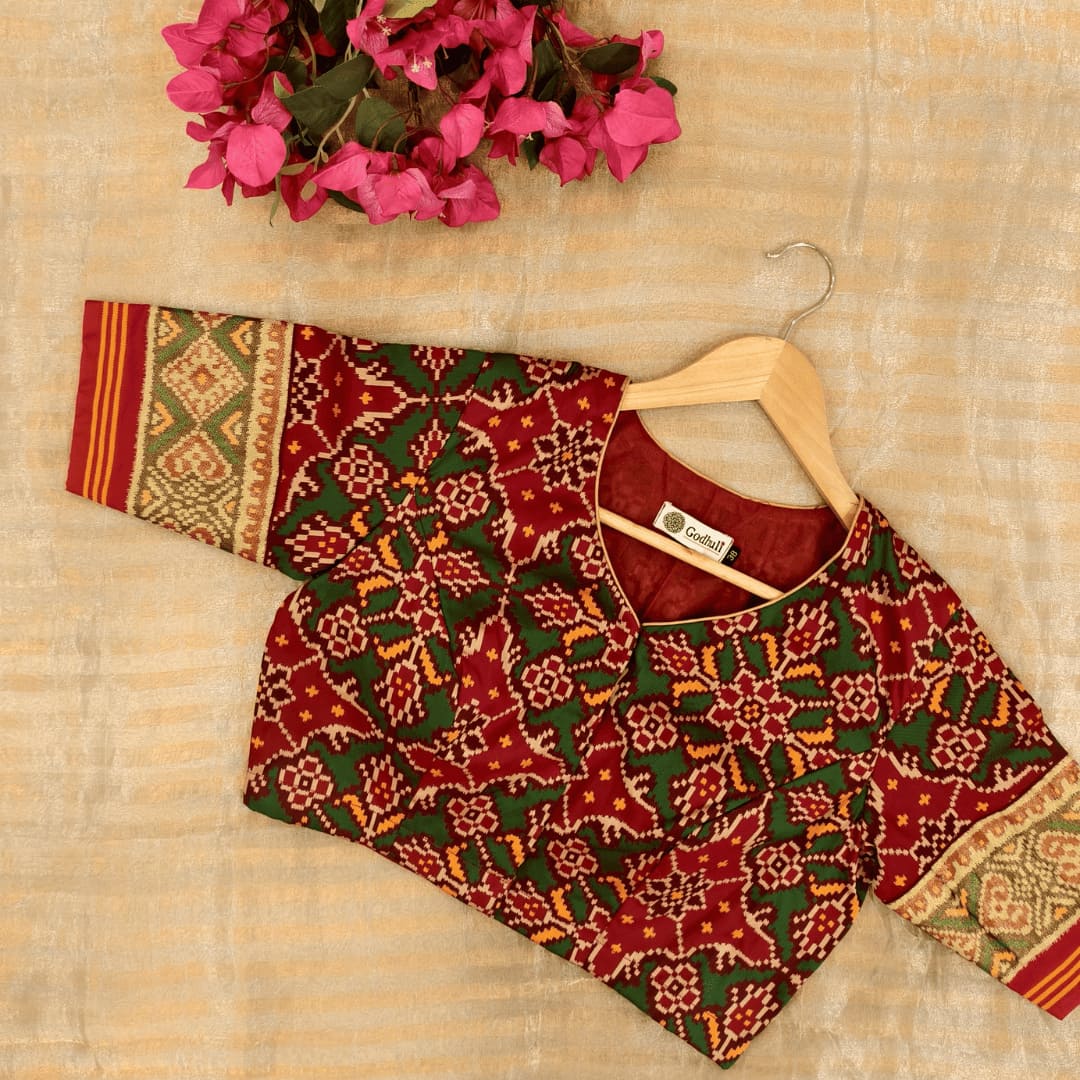Red Green Yellow Navratan Design Patola Readymade Blouse