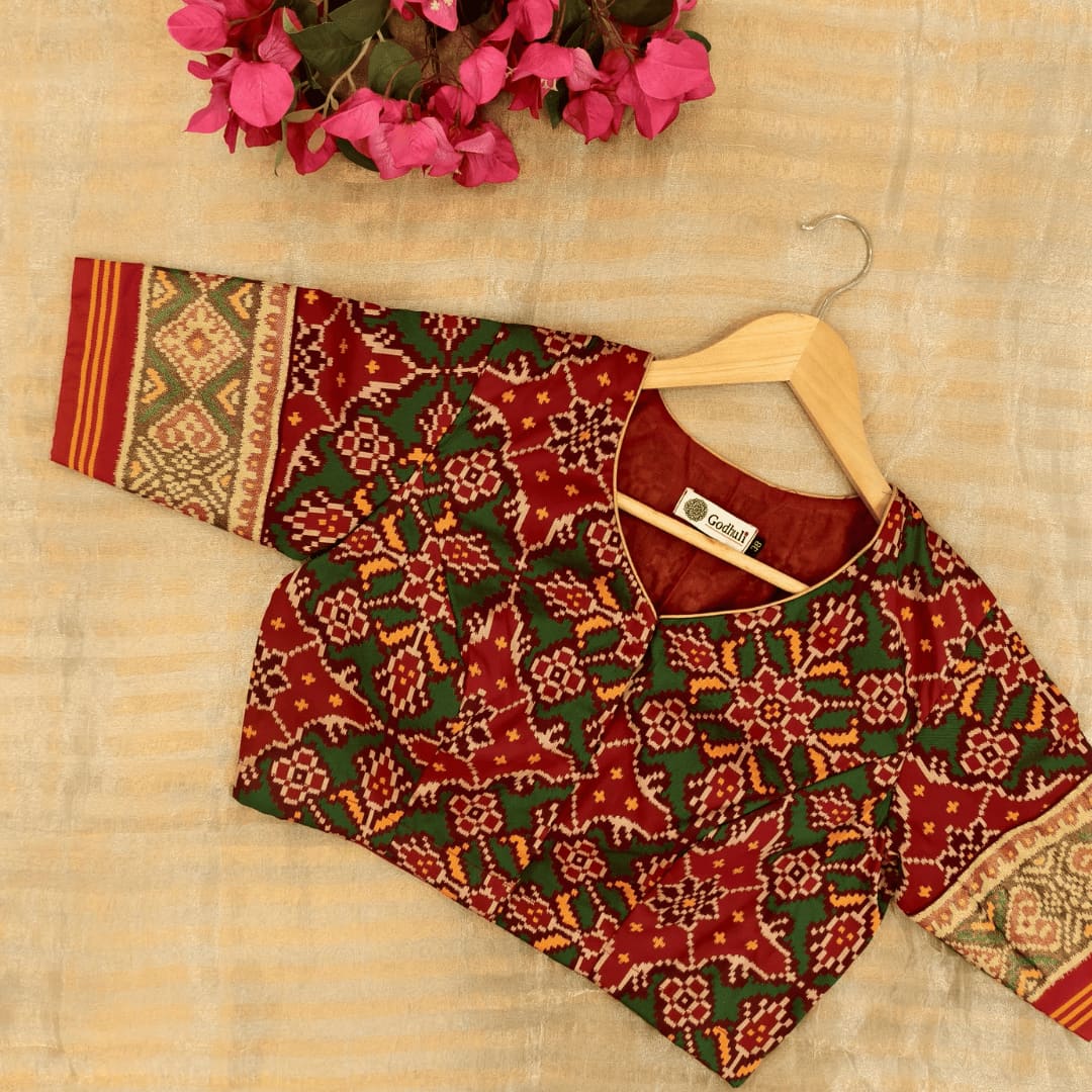Red Green Yellow Navratan Design Patola Readymade Blouse