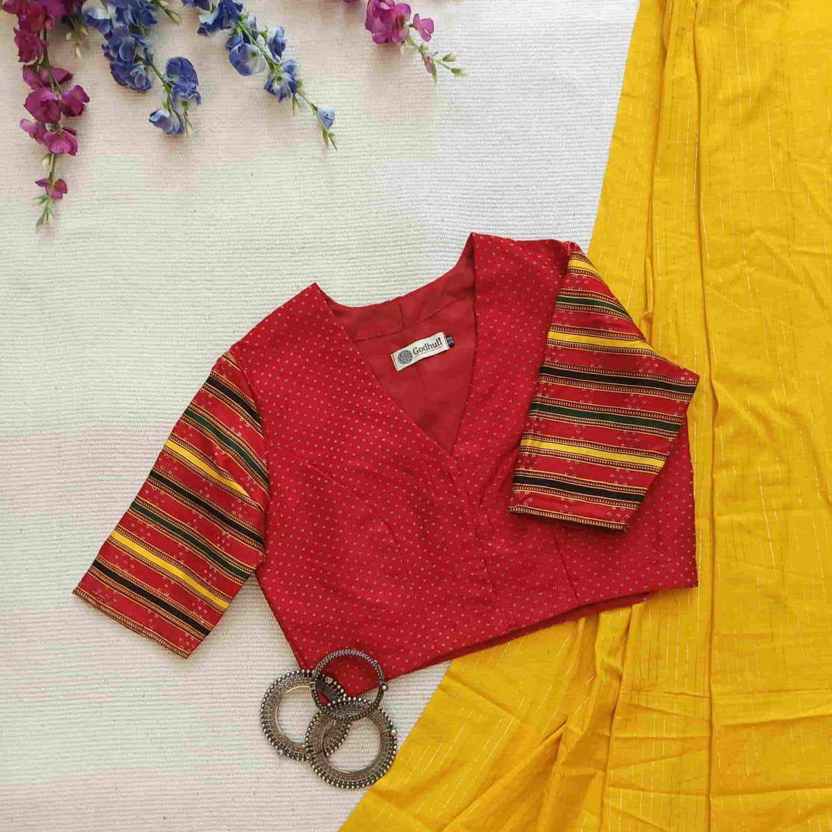 Red Handwoven Gaji Silk Readymade Blouse with Multicoloured Stripes Sleeves