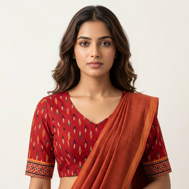 Red Ikat Print Gamathi Cotton Readymade Blouse | Godhuli