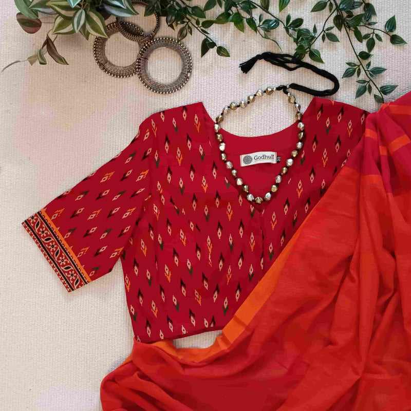 Red Ikat Print Gamathi Cotton Readymade Blouse | Godhuli