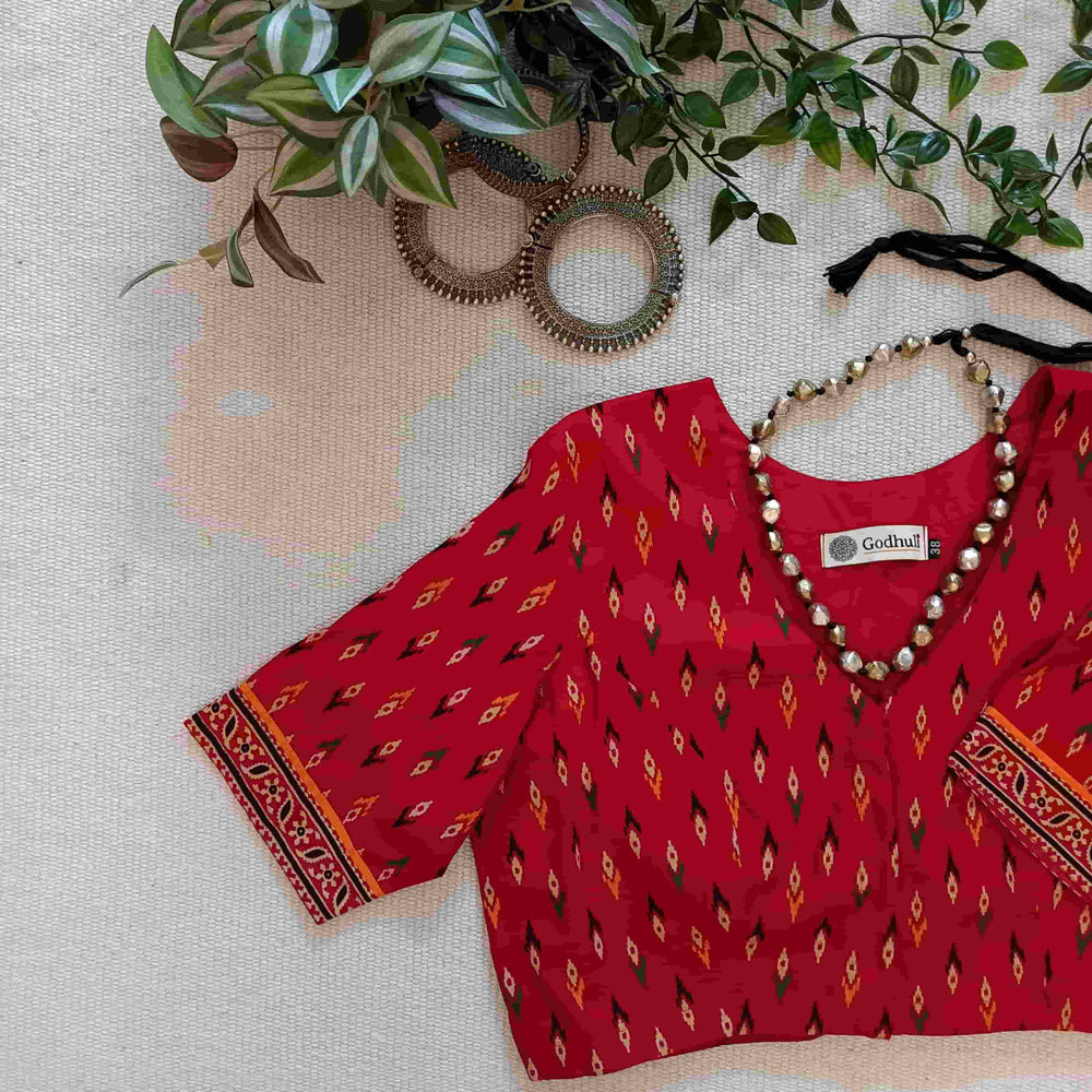 Red Ikat Print Gamathi Cotton Readymade Blouse | Godhuli