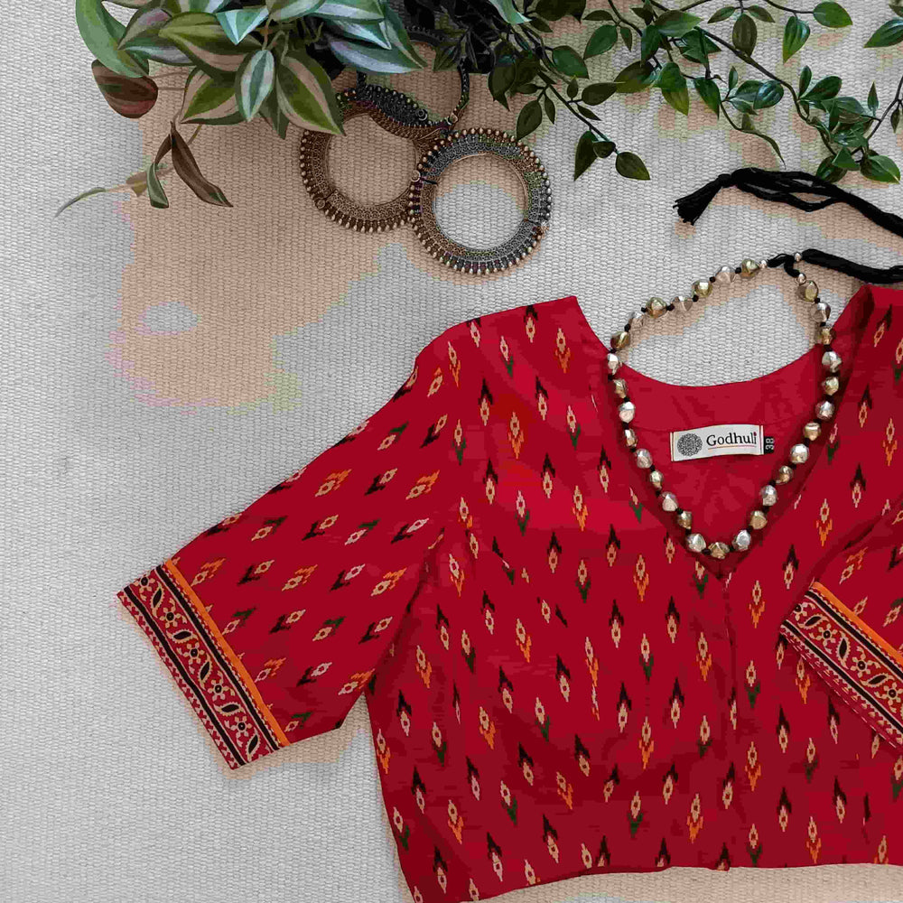 Red Ikat Print Gamathi Cotton Readymade Blouse | Godhuli