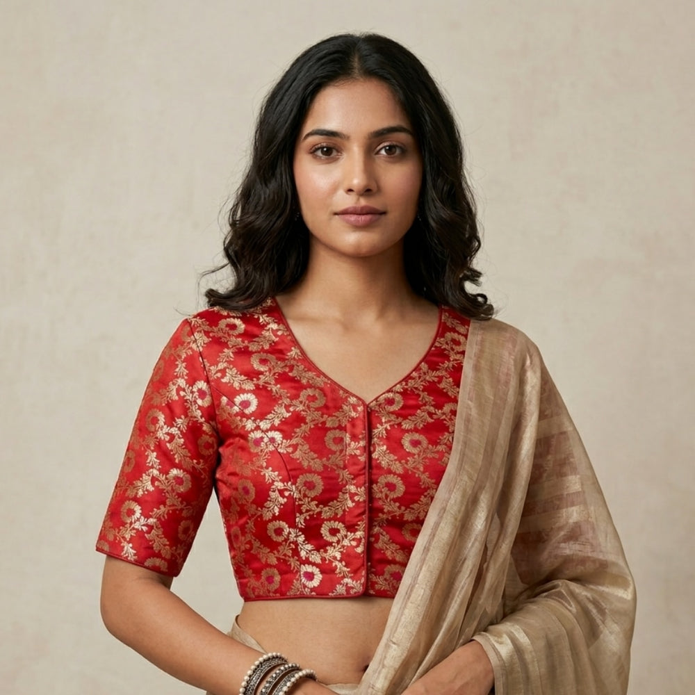 Red Jaal Banarasi Brocade Readymade Blouse | Godhuli