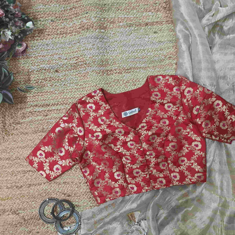 Red Jaal Banarasi Brocade Readymade Blouse | Godhuli
